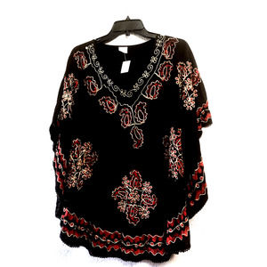Viera Boho Poncho Top  Black, rust and gold One Size